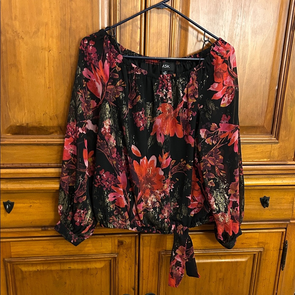 MSK Vibrant Red and Black Floral Blouse